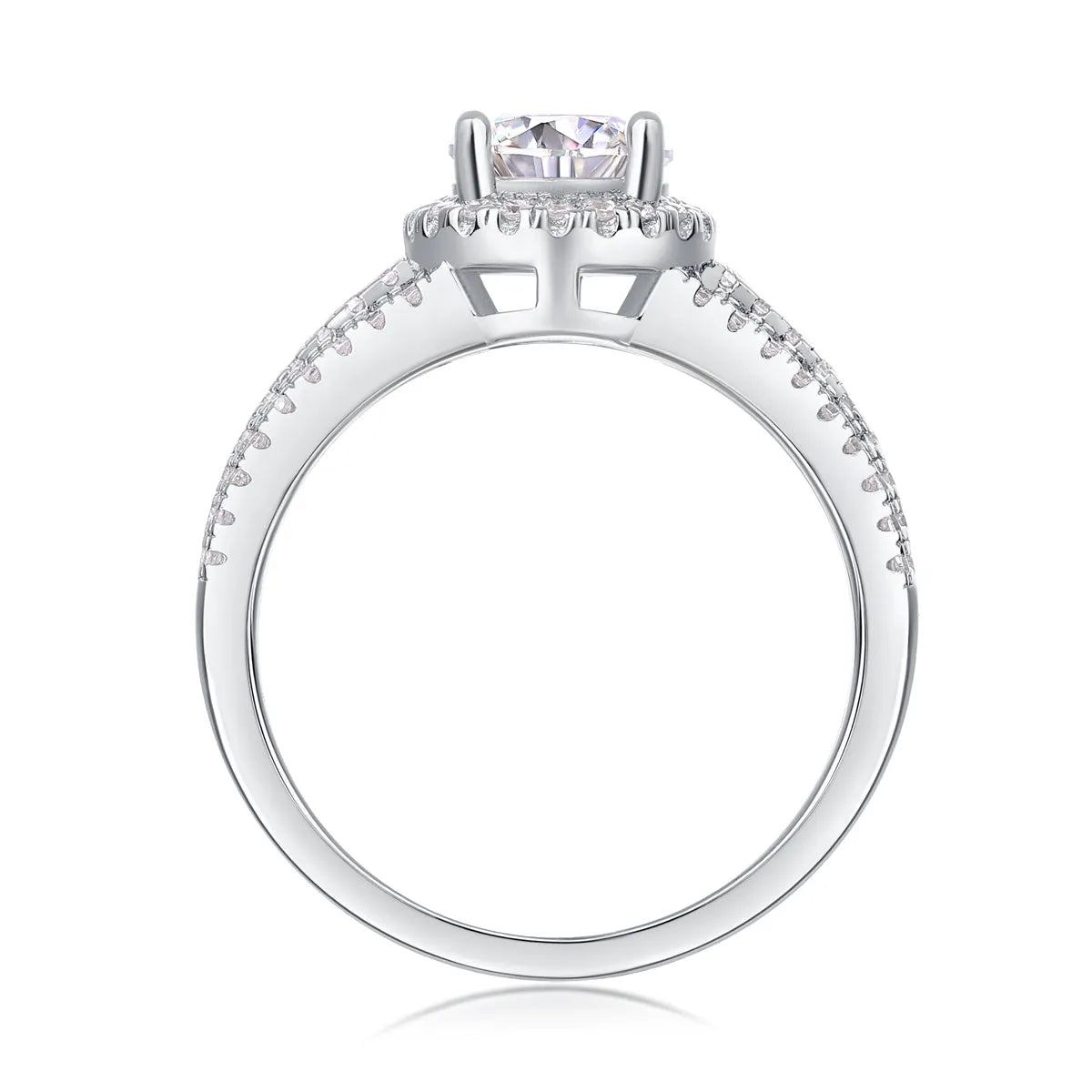 Looking Back wedding ring set with 1-carat moissanite stone in S925 silver platinum-plated band on white background