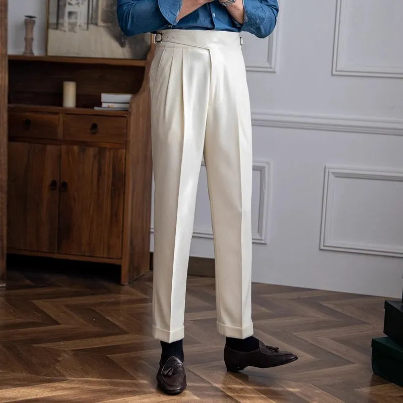 Men's high-waist straight-leg casual trousers in polyester available in multiple colours