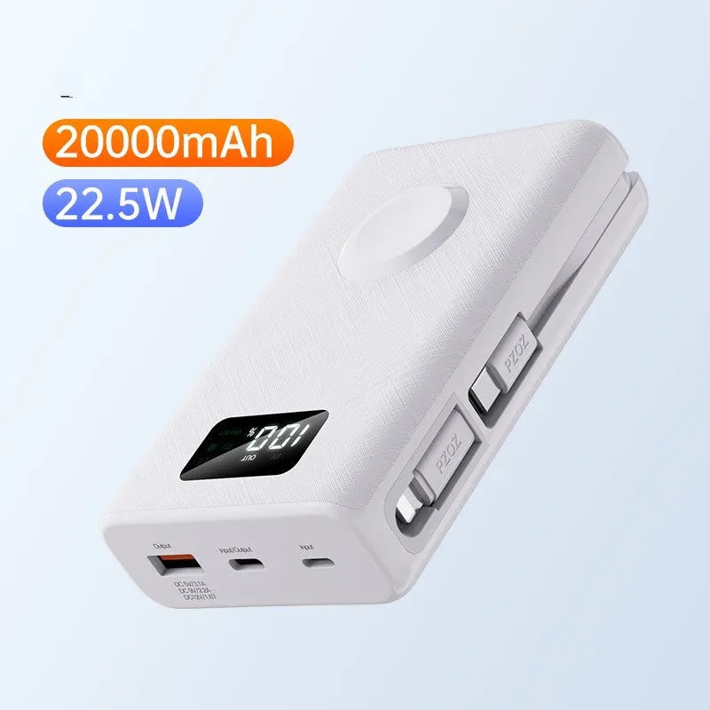 20000mAh wireless charging power bank with display screen and multiple USB ports