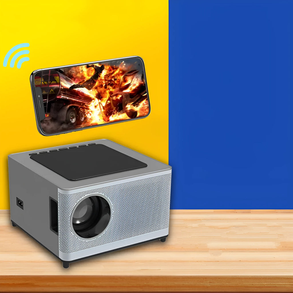 Mini portable projector with 400 ANSI brightness and 200-inch projection on a white wall in a dim room
