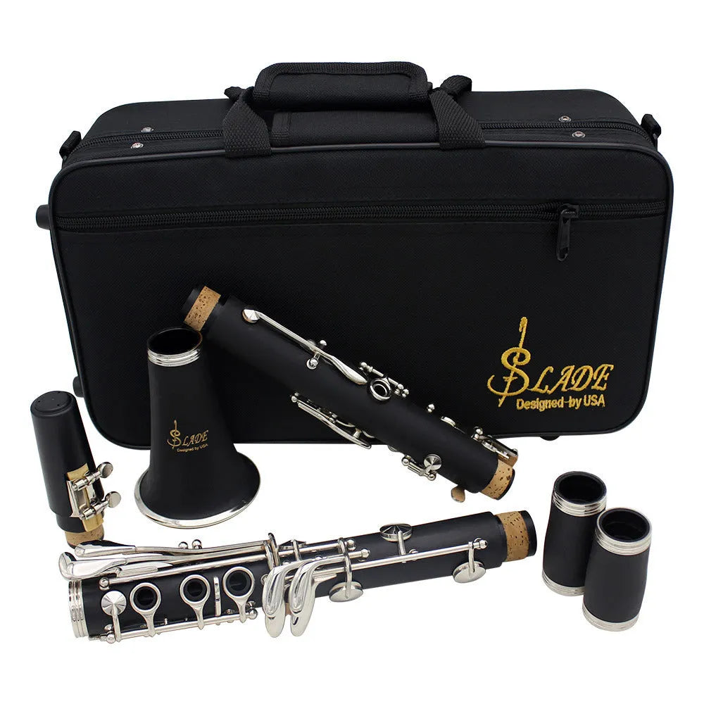 Black Bakelite beginner clarinet with nickel keys and included protective carrying bag