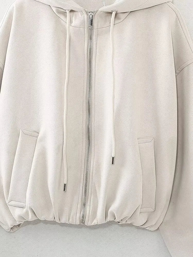 Women's suede hooded jacket in black or white colour with Asian sizing from XS to L