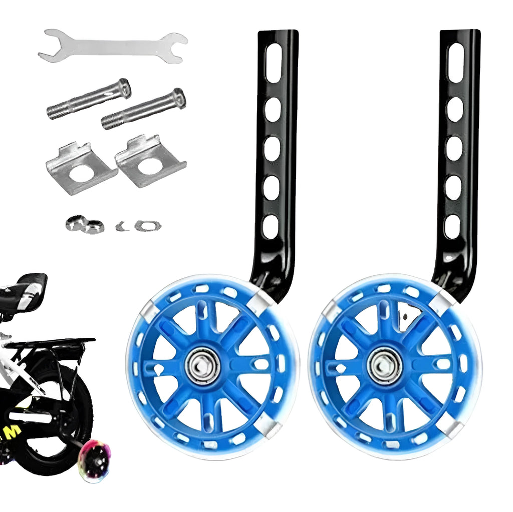 Set of two metal training wheels with brackets and hardware for a children's bicycle.