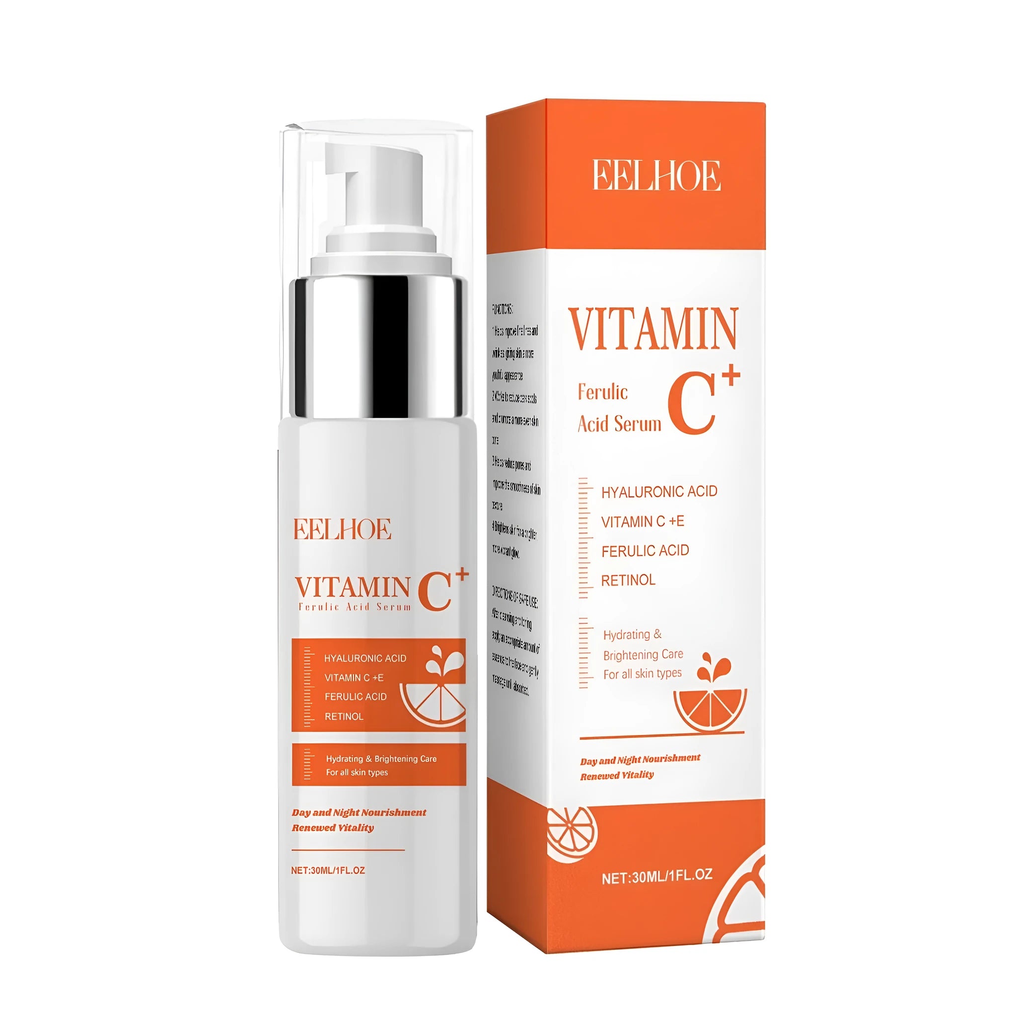 30ml bottle of Vitamin C Ferulic Acid facial serum with hyaluronic acid and retinol.