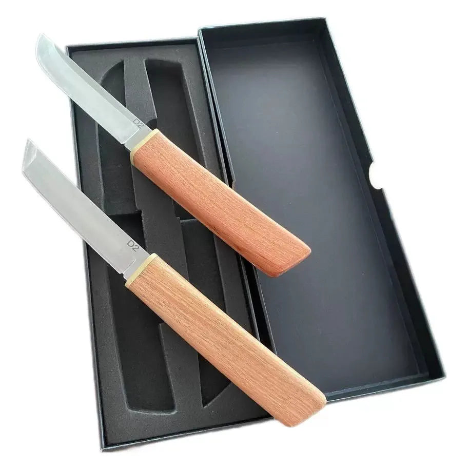 2-in-1 fruit knife set with pointed and square heads, stainless steel main material and wood handle area