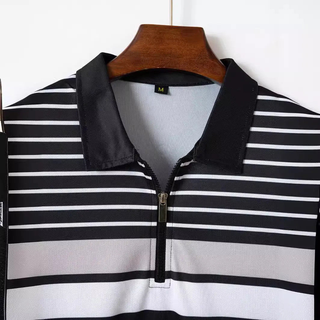 Men's black striped short sleeve T-shirt with loose fit, polyester fabric, front view