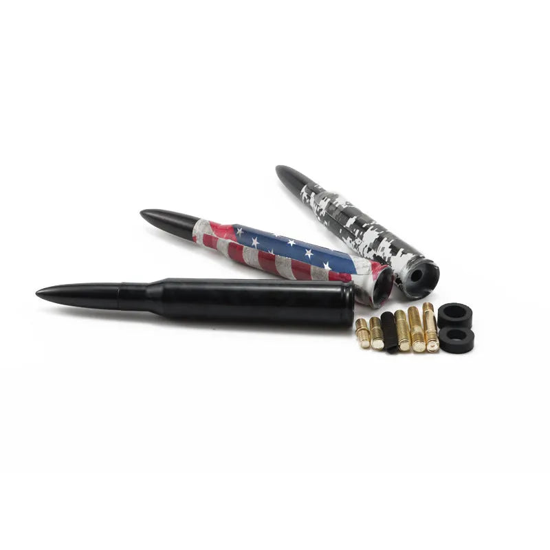 14cm bullet car antenna in black, camouflage green, and American flag finishes