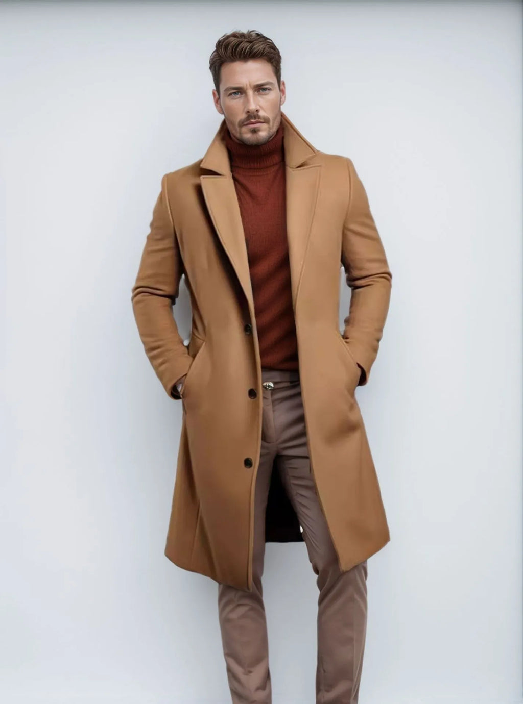 Men's mid-length solid colour woolen coat in dark gray, side view, showing thick fabric and side seam pocket.