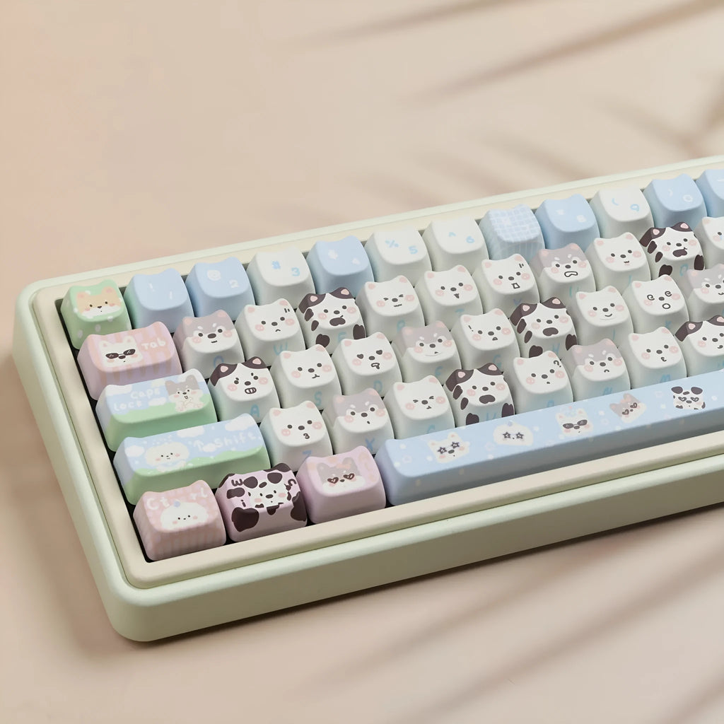 Cat and dog design PBT sublimation keycap set for mechanical keyboards showing colourful artwork