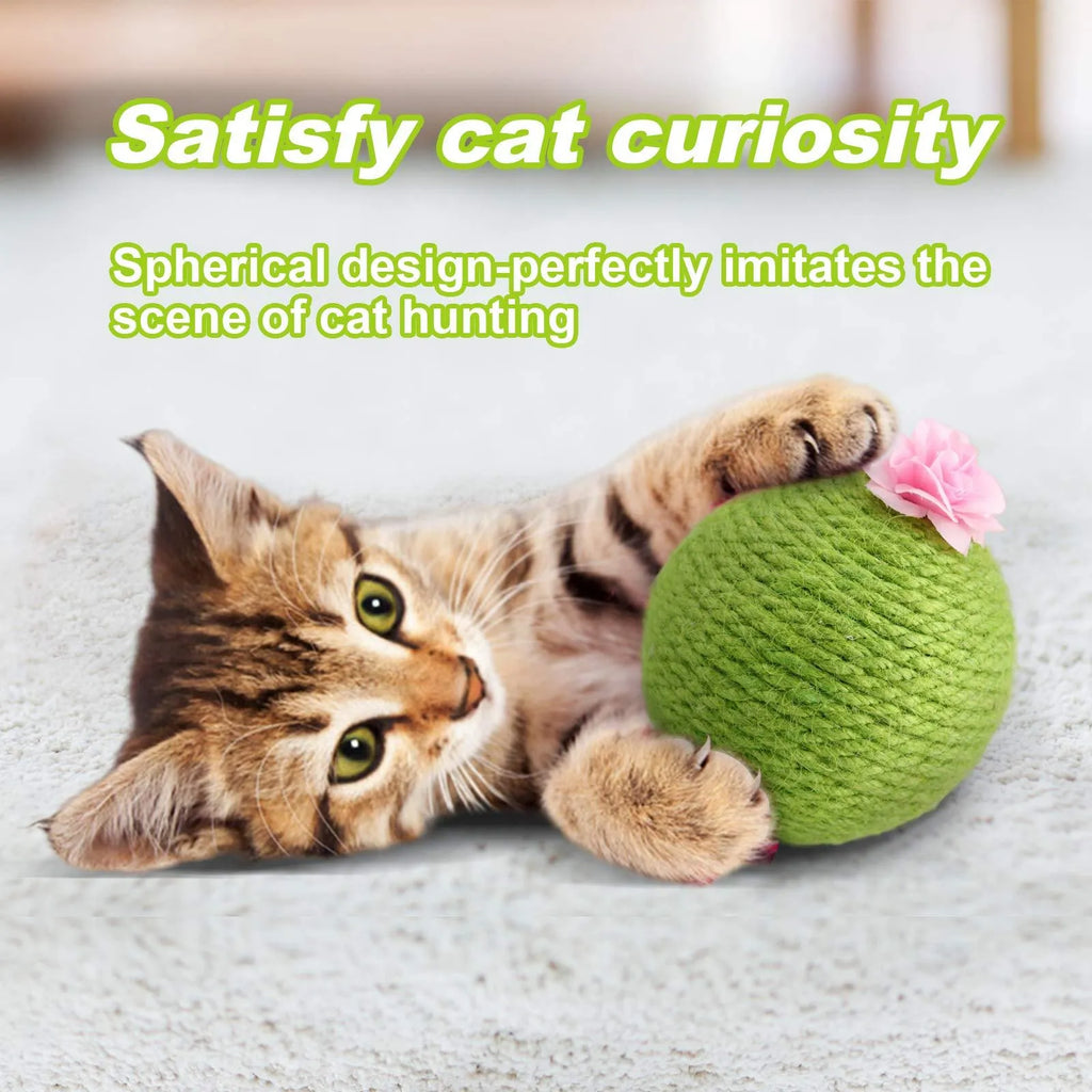 Green cactus-shaped cat scratcher with sisal scratching surfaces and attached tumbler balls containing catnip toys