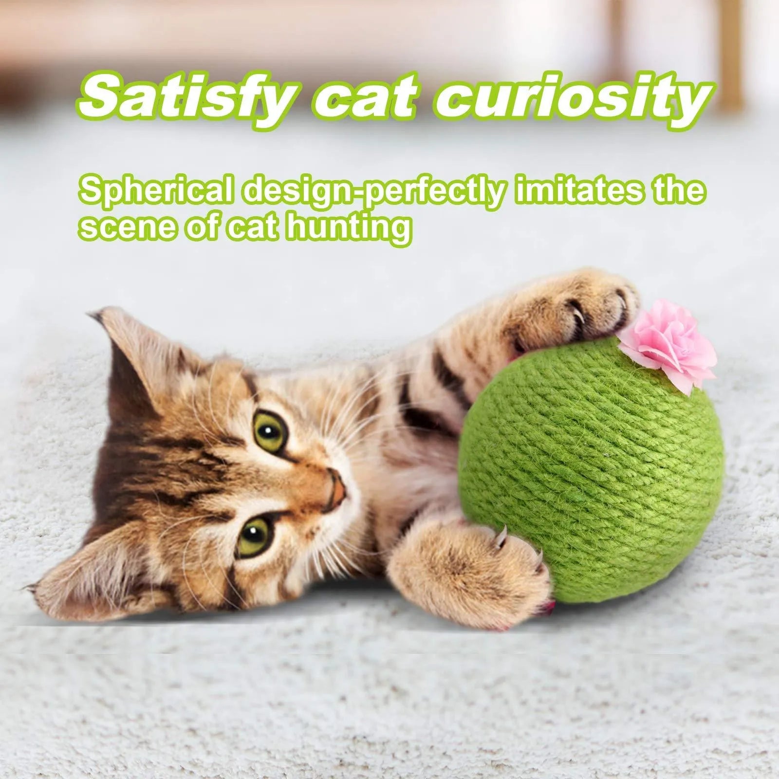 Green cactus-shaped cat scratcher with sisal scratching surfaces and attached tumbler balls containing catnip toys