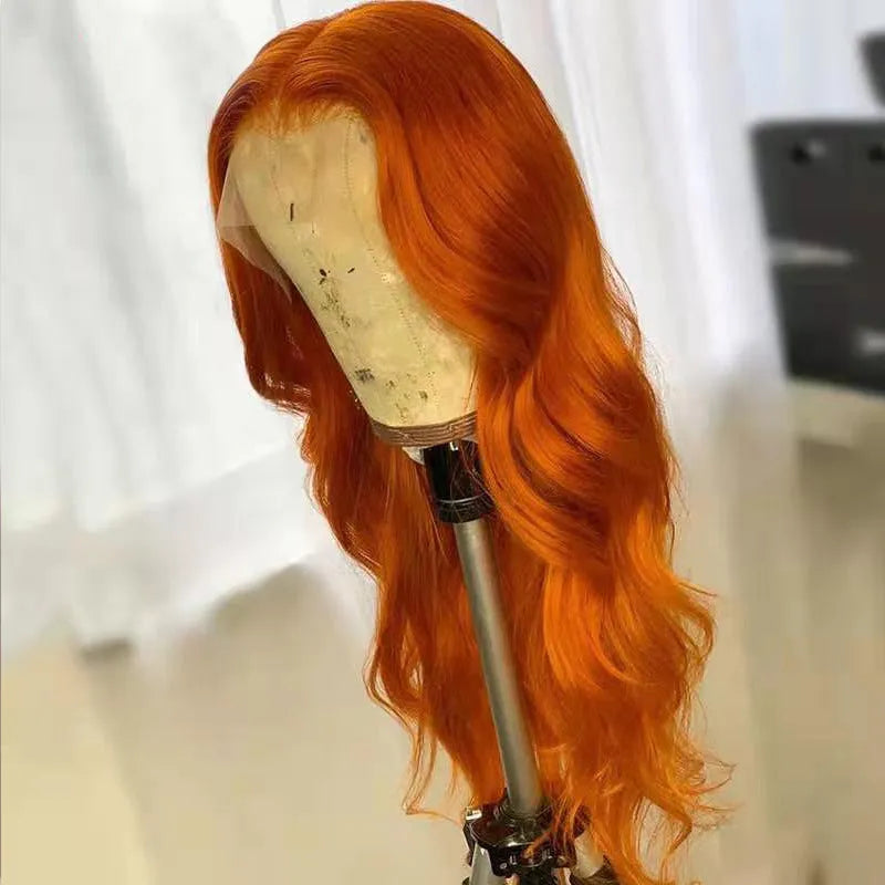 Dark orange real human hair wig with smooth texture on a mannequin head, available in various lengths and densities.