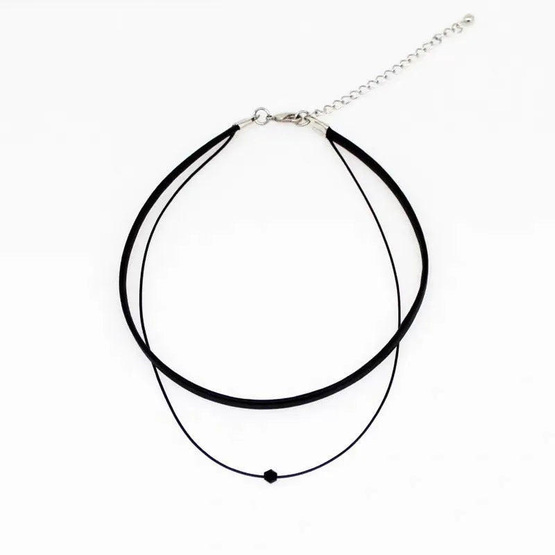 Retro leather rope double layer necklace with crystal beads and stainless steel buckle