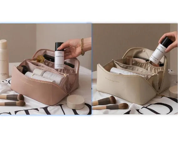 Large capacity travel makeup storage bag in brown PU leather with solid colour finish on white background