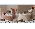 Large capacity travel makeup storage bag in brown PU leather with solid colour finish on white background