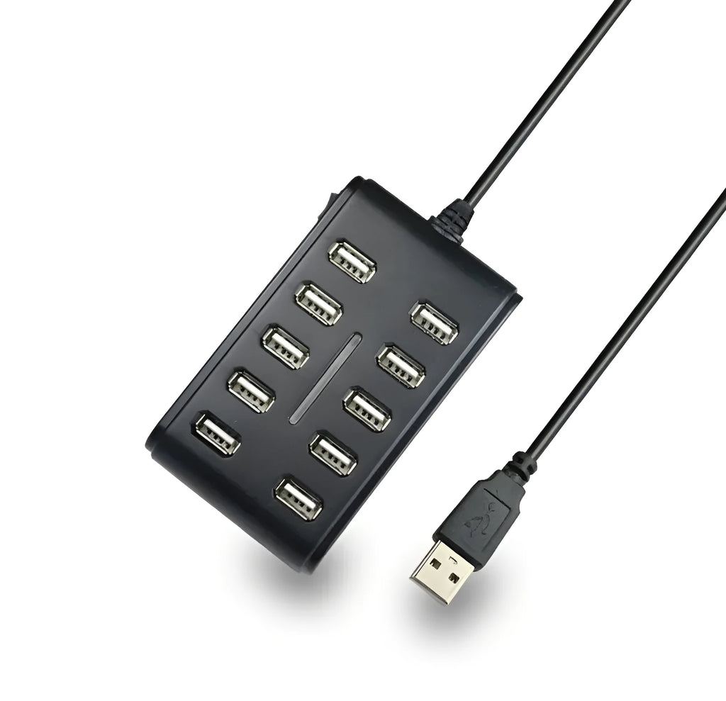 10-port USB 2.0 hub with double-row layout and working indicator light, 5V 500mA