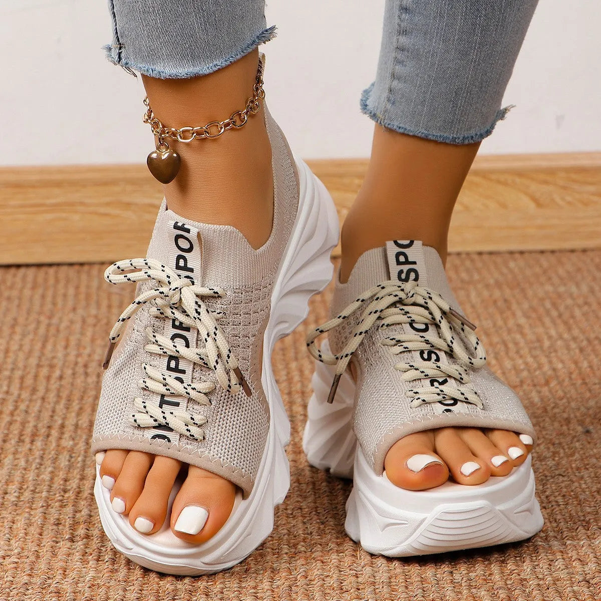 Women's hollowed-out mid heel mesh platform sandals in beige with front lace-up and round toe