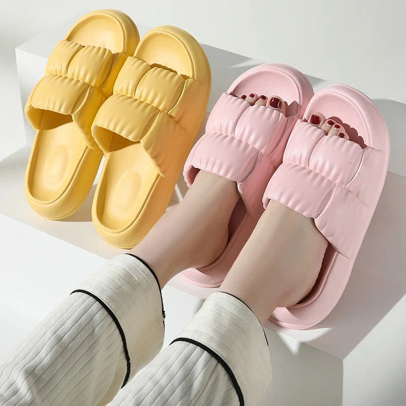 Stylish women's bathroom slides with soft, comfortable EVA soles and unique floral accents in a variety of vibrant colors