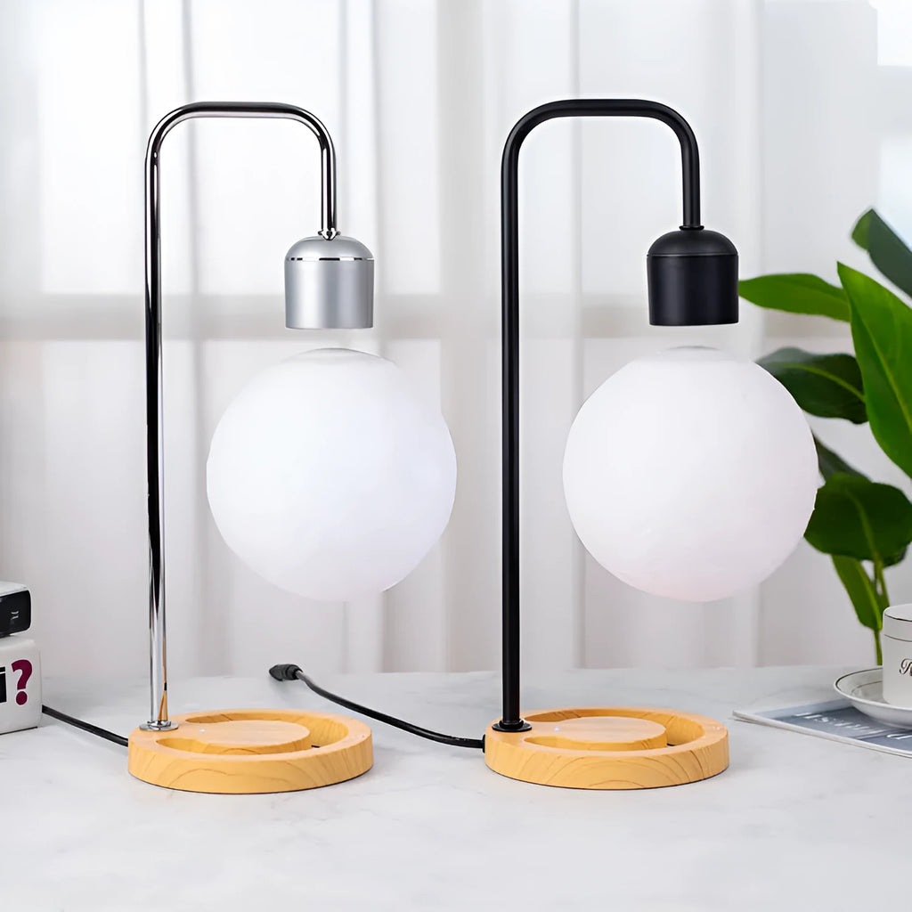 Magnetic levitation table lamp with wooden base, floating light, and optional wireless charger in colour A