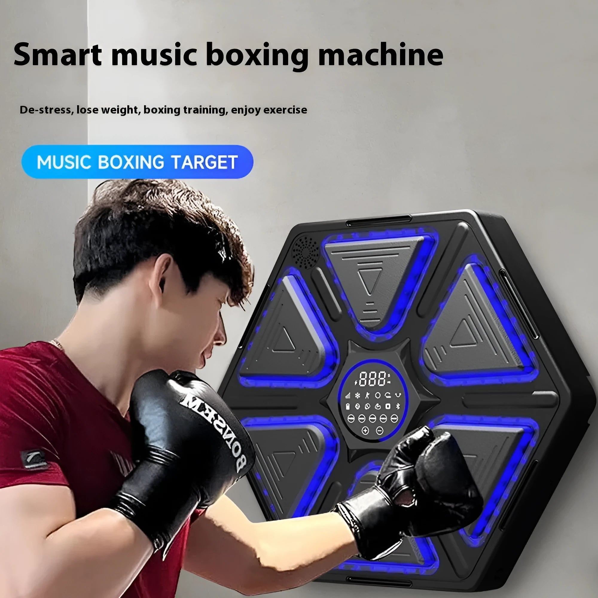 Electronic boxing wall target with rhythm feedback system hanging on wall