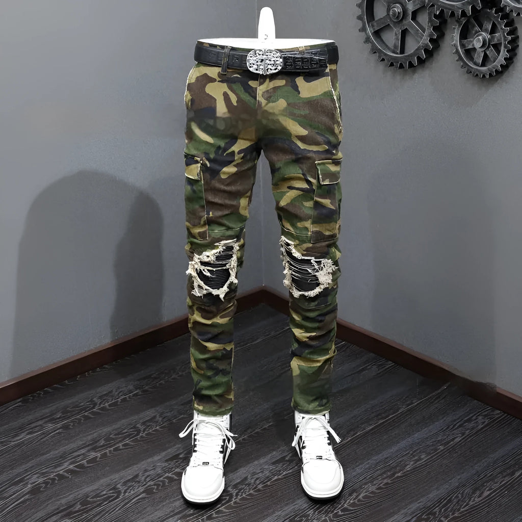 Men's camouflage broken hole jeans mid waist cotton trousers