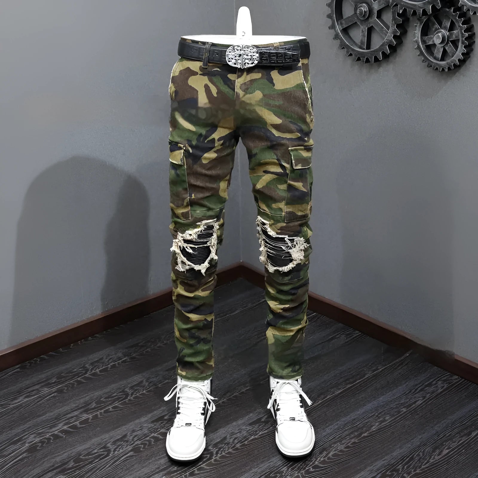 Men's camouflage broken hole jeans mid waist cotton trousers