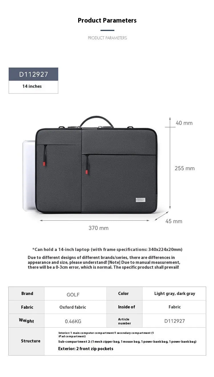 14-inch laptop protective sleeve in Oxford fabric with shockproof design in light grey or dark grey colour