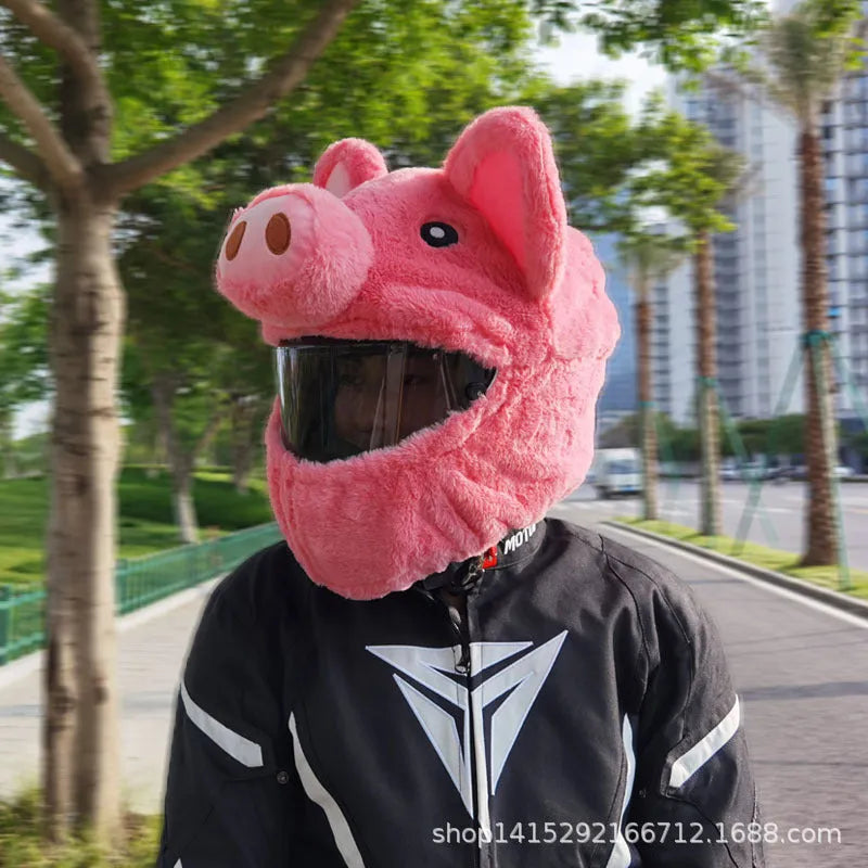 Pink pig cartoon design plush hood for wearing under a motorcycle helmet.