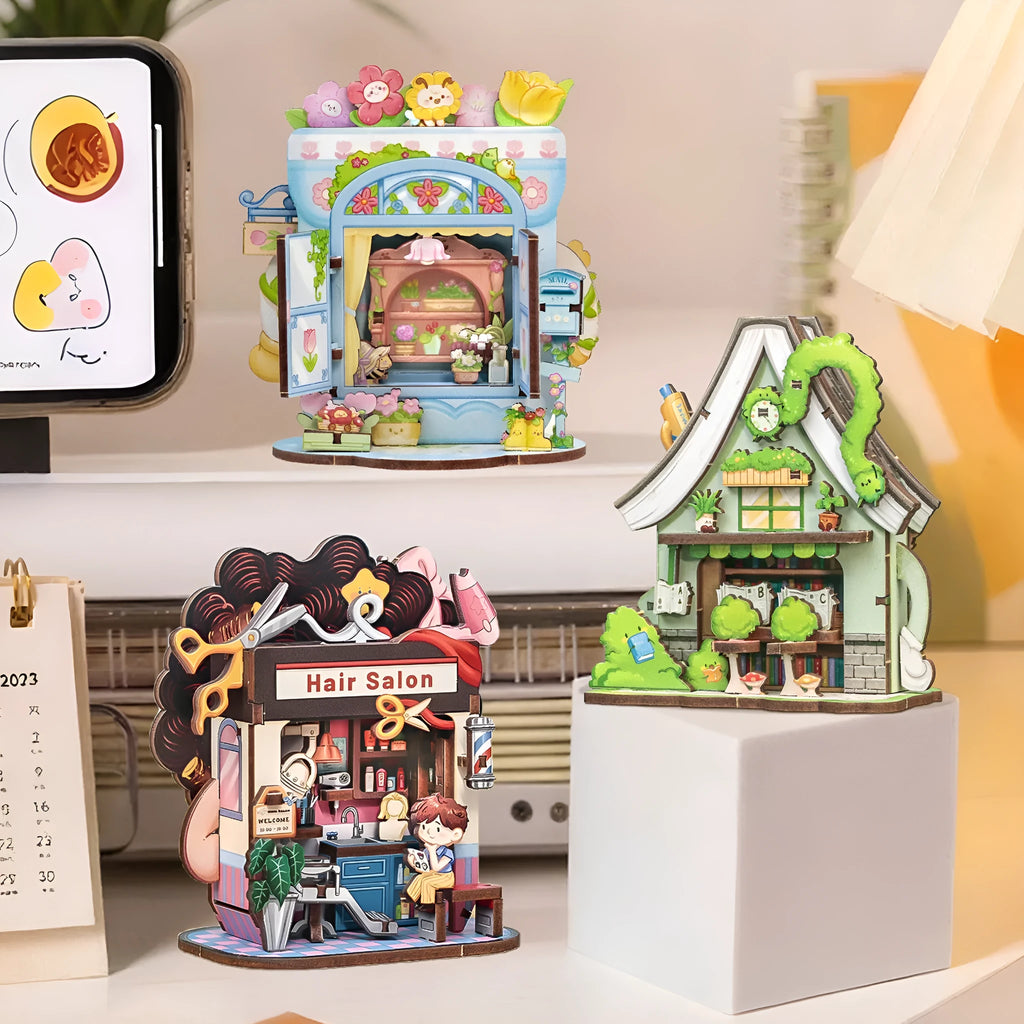 Box Talk Corner House miniature wood block puzzle in compact box, creative model building set