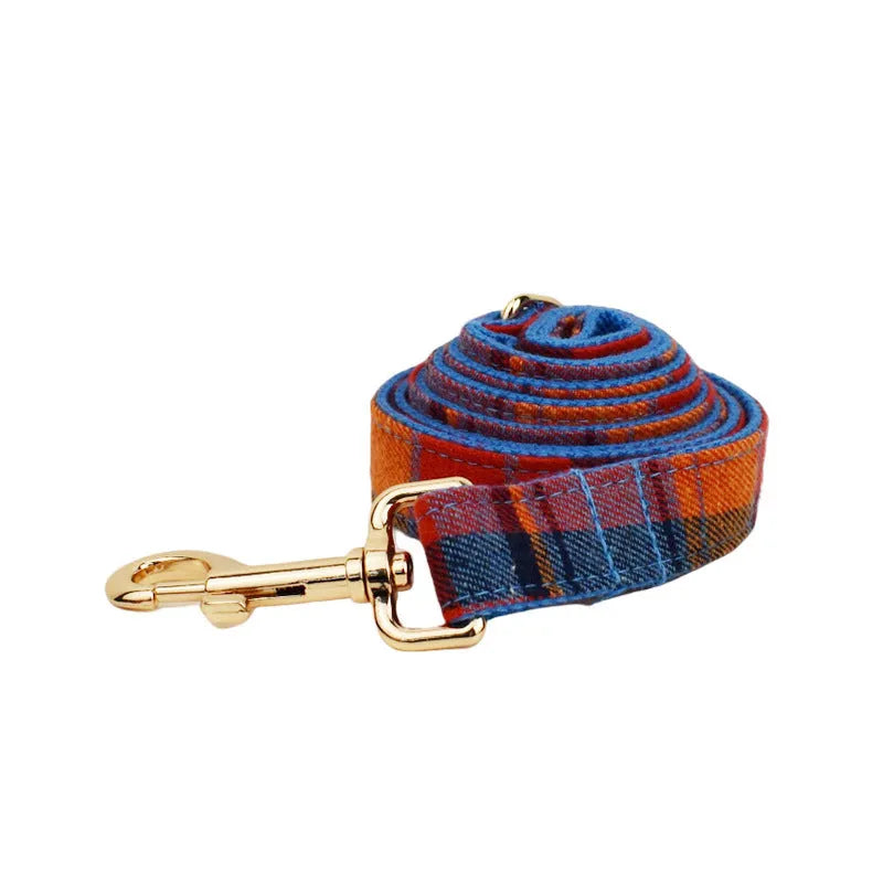 Blue velvet plaid dog collar and matching lead set with optional decorative bow accessory