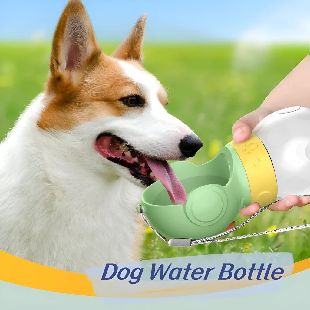 380ml portable dog water bottle with food feeder in white, green or pink, leak-proof travel pet drinker for walks