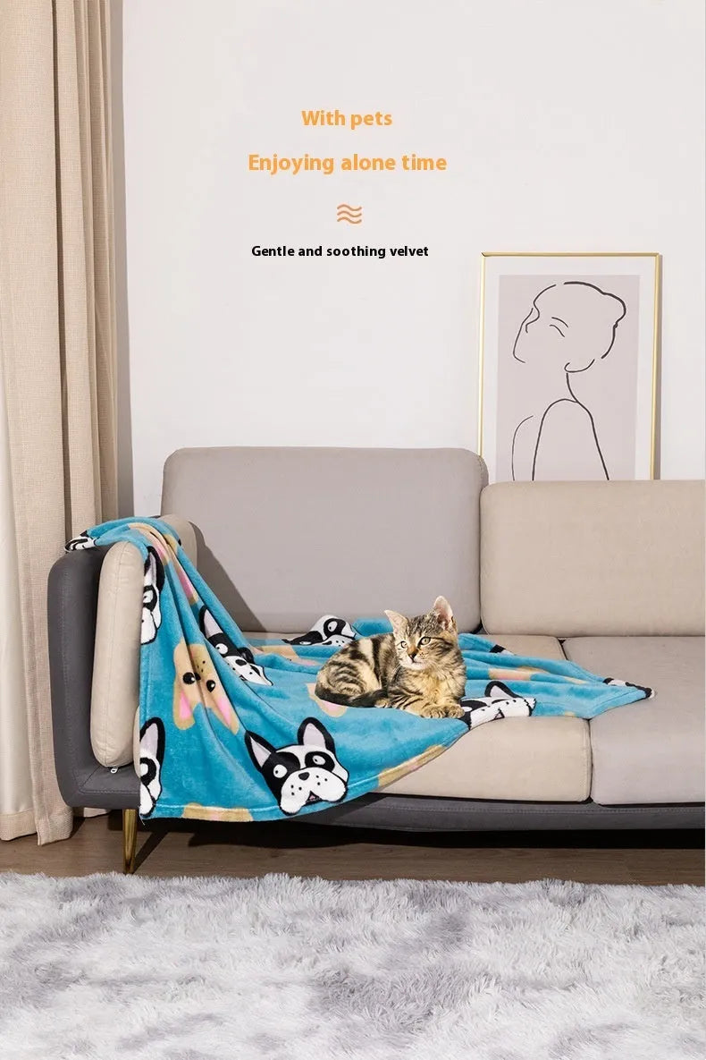 Blue cartoon dog paw pattern pet blanket showing double-sided thickened flannel texture