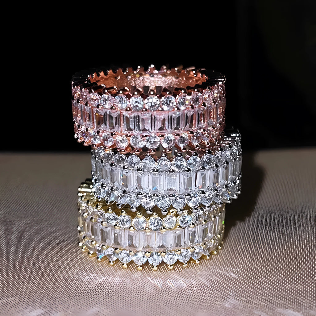 Copper geometric ring with zircon inlay in rose gold finish, unisex size 7