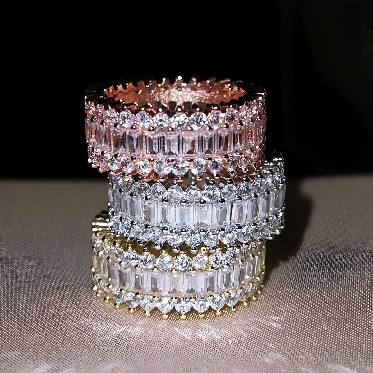 Copper geometric ring with zircon inlay in rose gold finish, unisex size 7