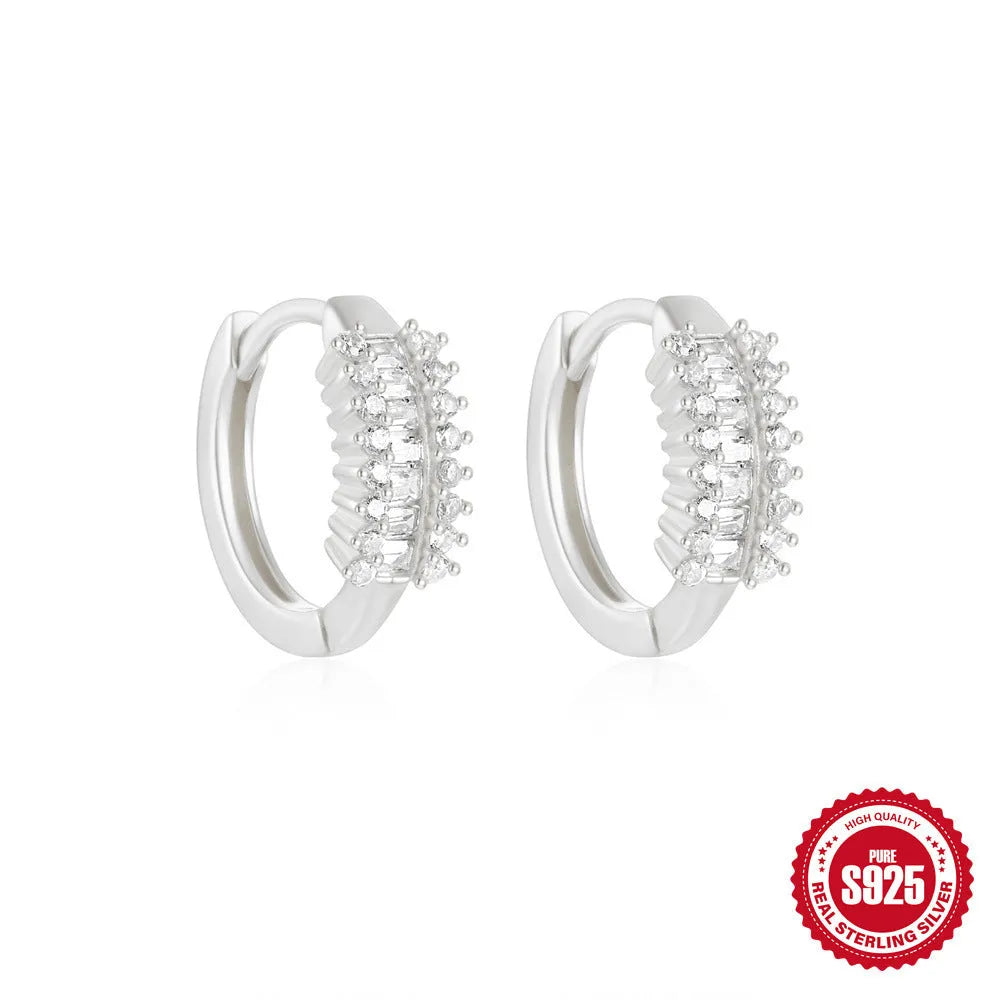 Sterling silver geometric stud earrings with small diamond eardrops in gold or silver electroplated finishes