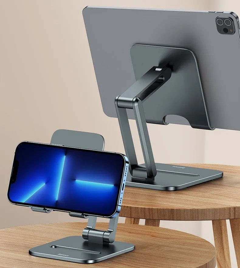 Deep space grey aluminium alloy folding stand for mobile phones and tablets on a desk