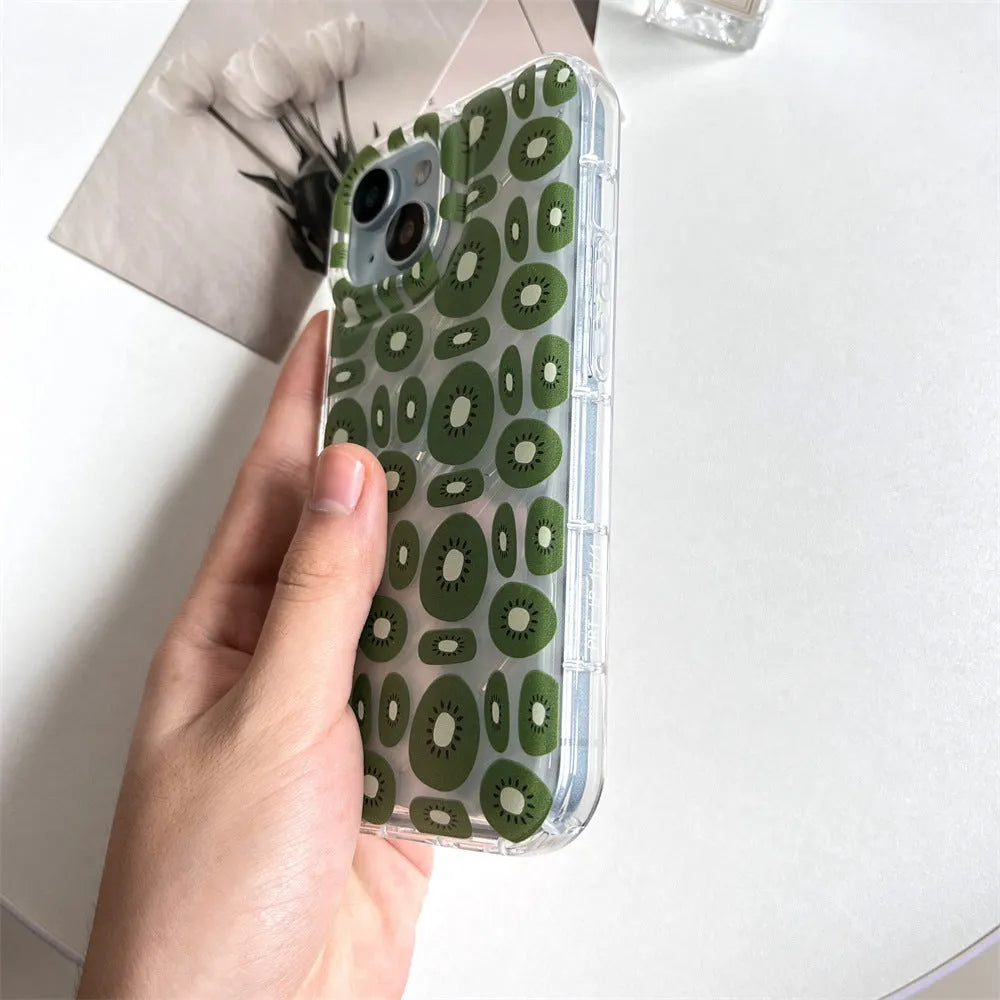 Transparent sliced kiwi fruit TPU phone case for iPhone showing green kiwi pattern on clear background