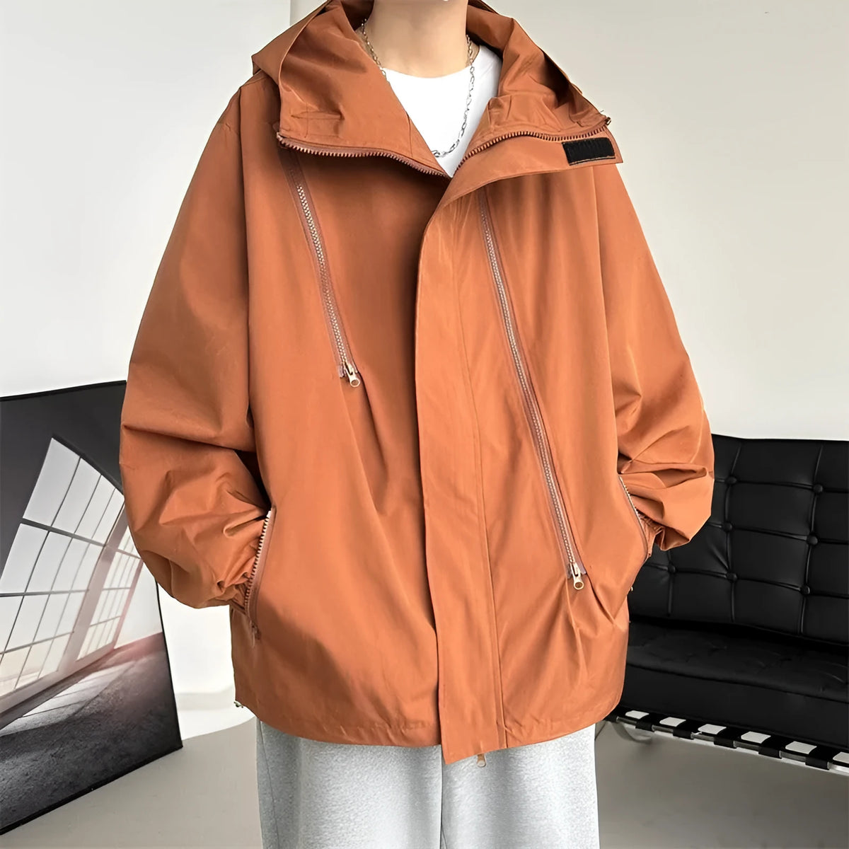 Men's autumn waterproof windproof shell jacket in solid colour with long sleeves and side pockets