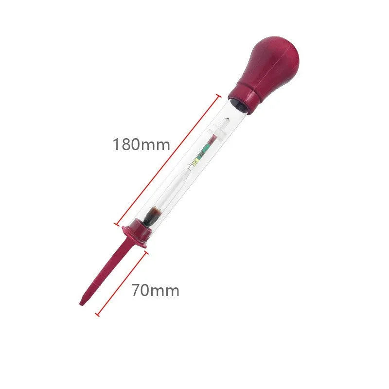 Glass automotive battery electrolyte hydrometer with red and black bulbs, 330mm long.