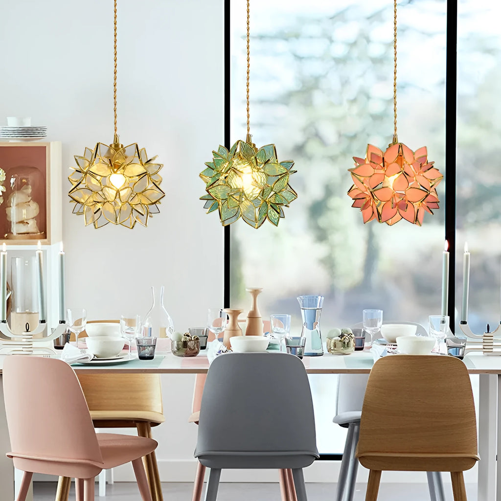Stained glass hanging chandelier with copper lamp head in one of five colour options