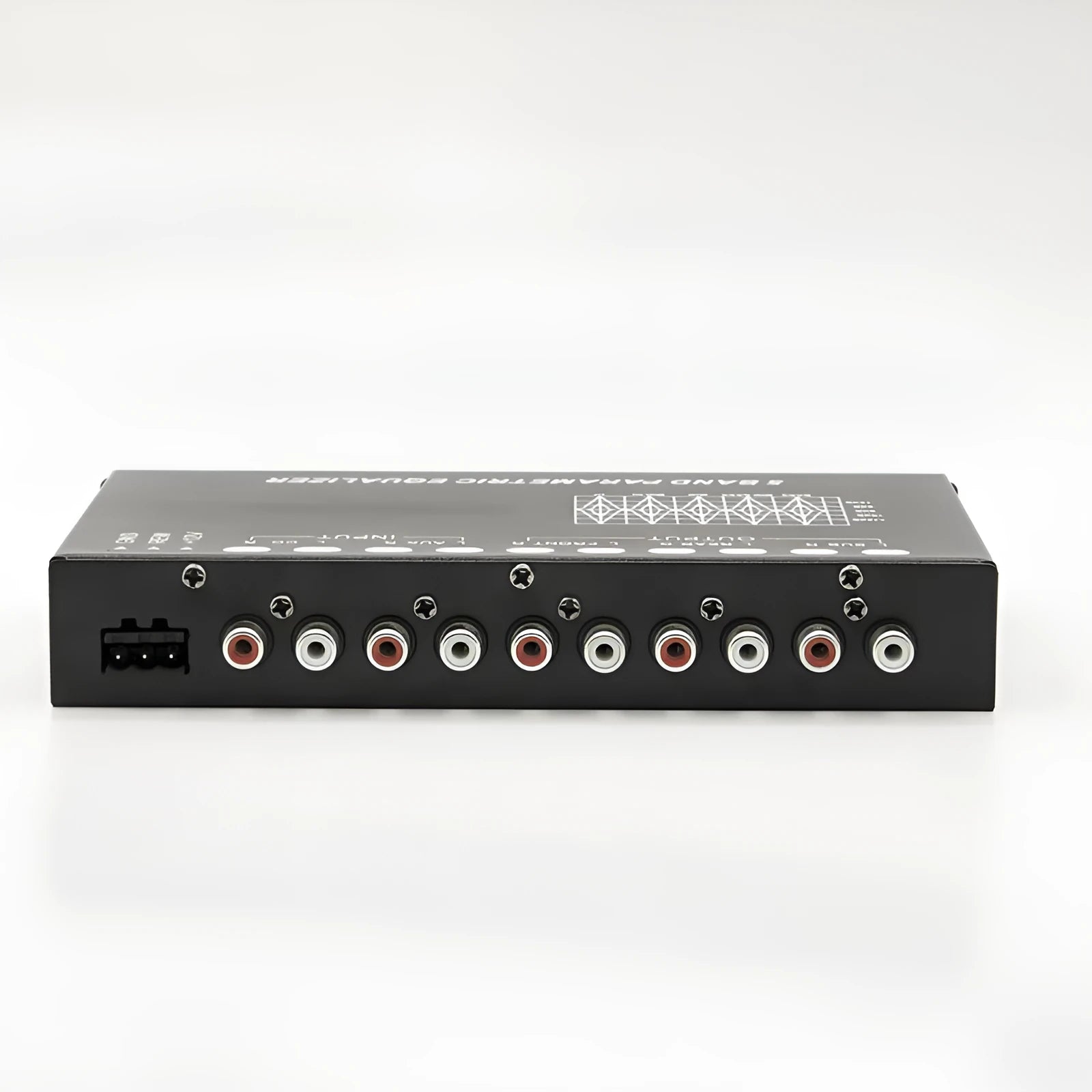 Black car audio EQ frequency division amplifier with control panel for subwoofer adjustment