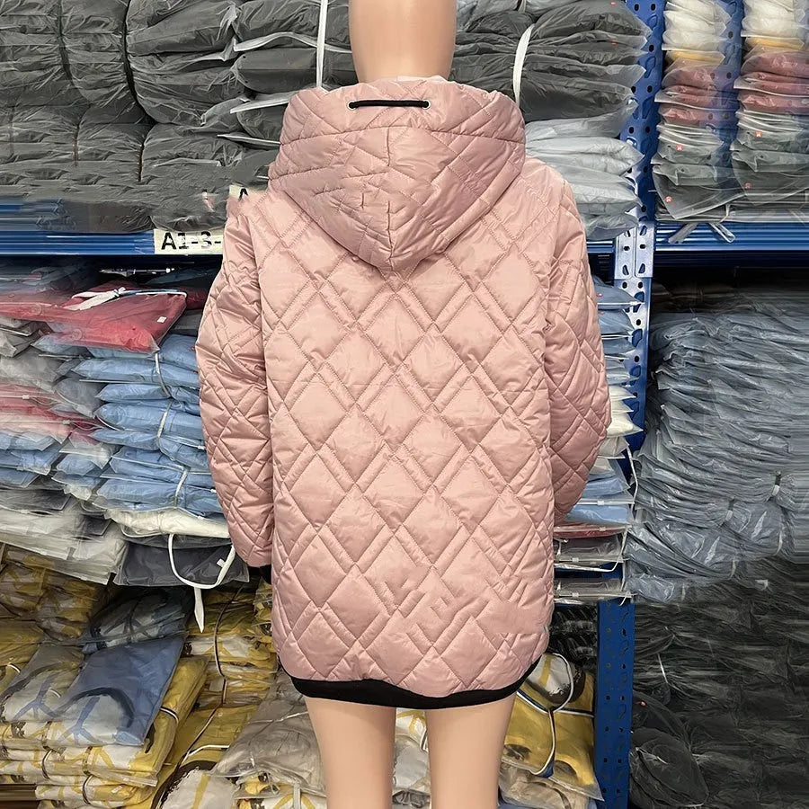 Women's casual hooded coat in black or pink, made from cotton-polyester blend fabric.