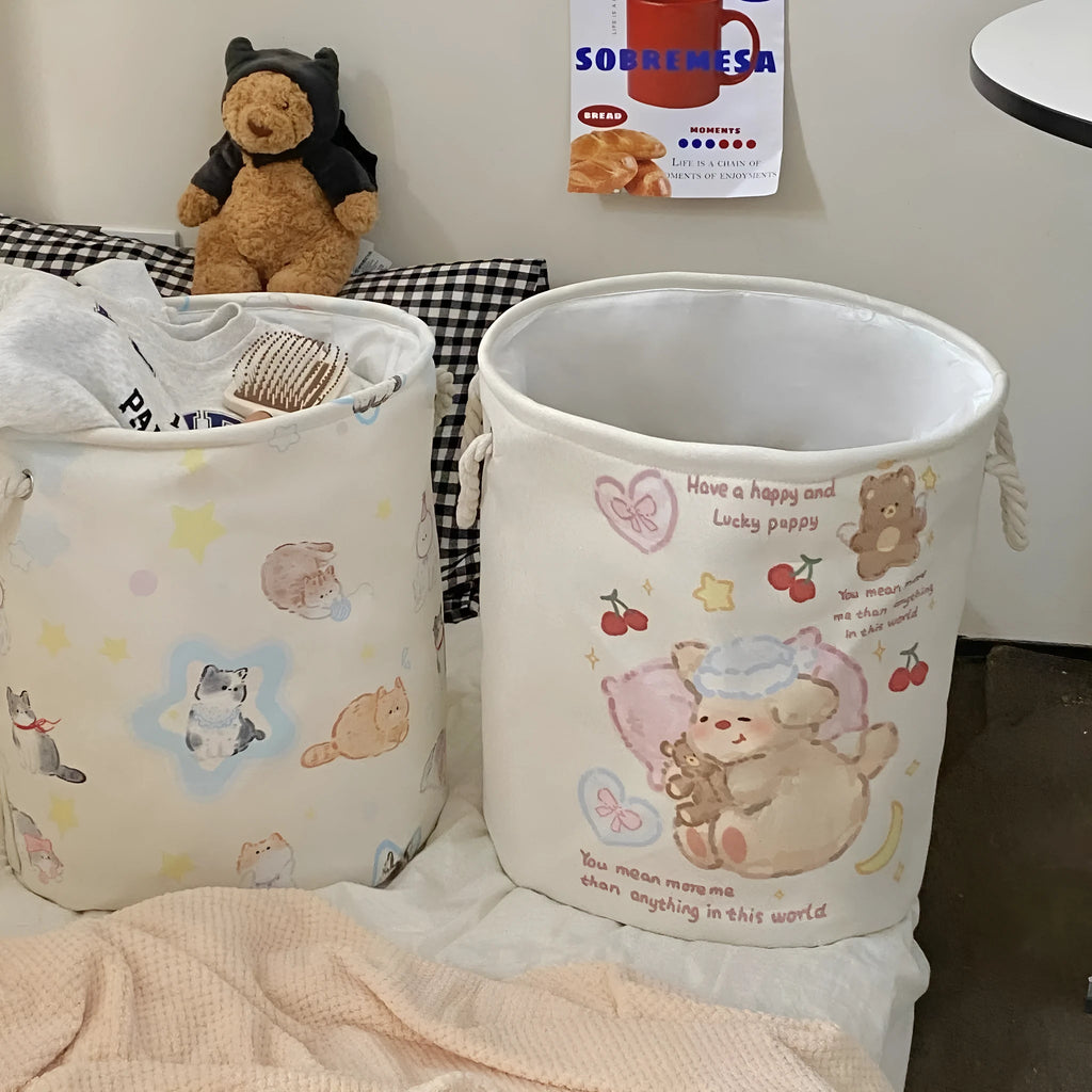 Foldable cotton laundry basket in mint green west highland pattern showing large capacity and collapsible design