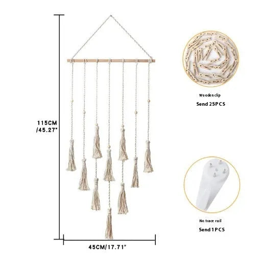 Wood and hemp rope wall hanging photo display pendant with wooden clips in three size options.