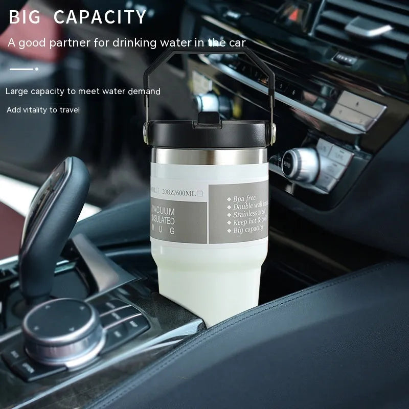 30oz insulated stainless steel tumbler in dark pink with handle cover and splash-proof lid