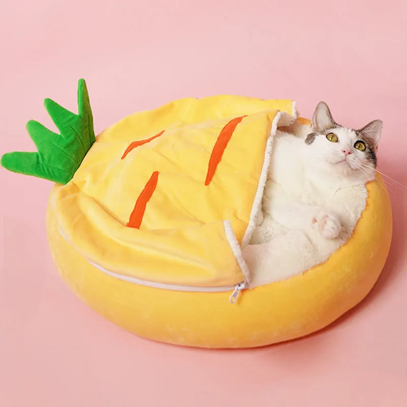 Yellow semi-enclosed carrot-shaped cat nest sleeping bag made of cotton fabric on a light background