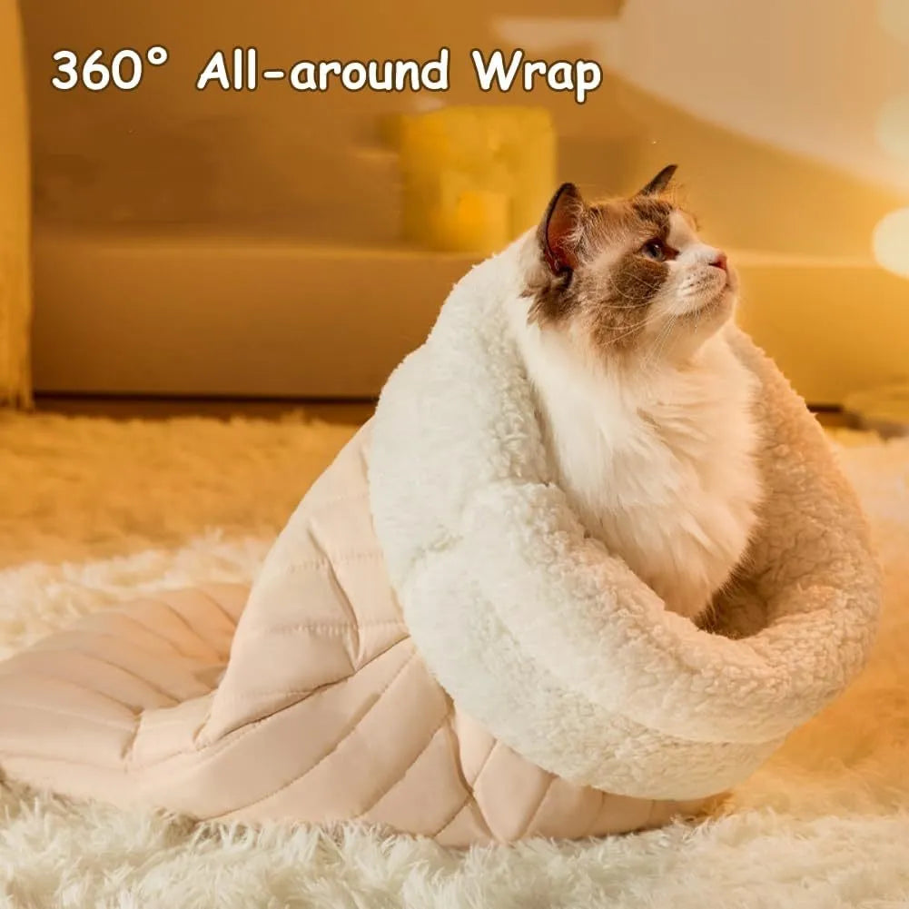 Plush cat sleeping bag in Blue, M size 44 x 37 cm, semi-enclosed cat bed cave for indoor cats and kittens