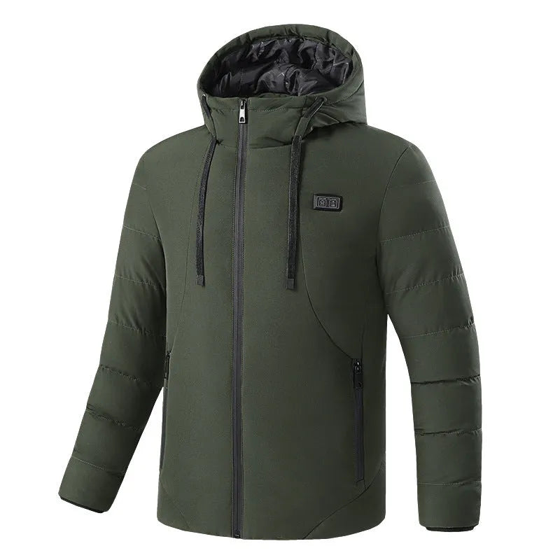 11-zone USB carbon fibre heating jacket in military green with dual-control panel, cotton leisure style, front view