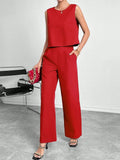 Women's red sleeveless top and wide leg trousers two-piece set