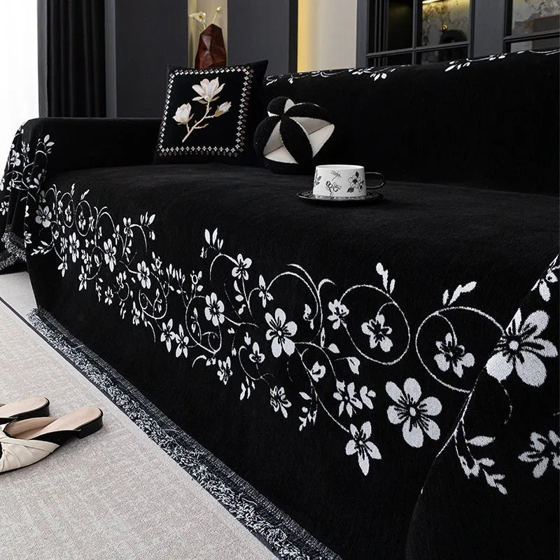 Chenille sofa cover with magnolia embroidery, plants and flowers pattern, Garland black coffee or green, size options to 180x480cm